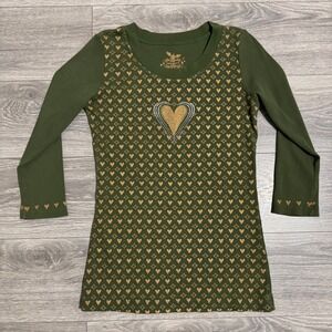 100% Cotton Y2K Whimsigoth Top XL Green Gold Heart Monogram Rhinestone‎ Ribbed